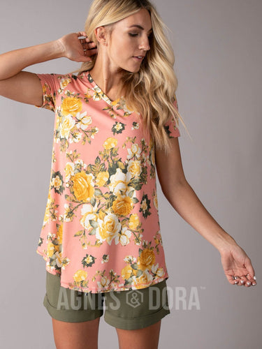 Agnes & Dora™ S|M| Everyday Tee V-Neck Coral/Gold Floral